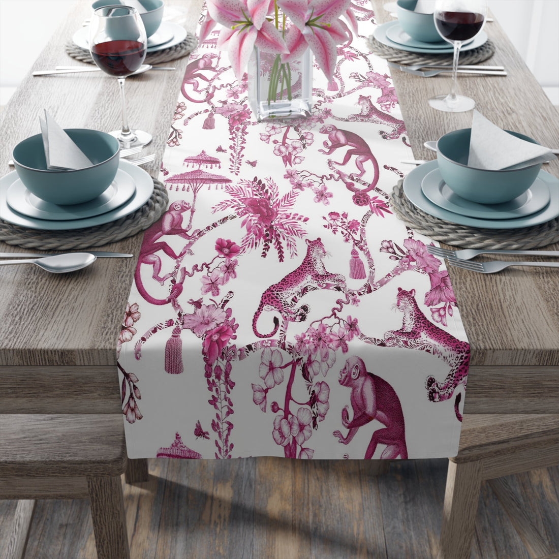 Kate McEnroe New York Chinoiserie Jungle Table Runner, Floral Pink, White Botanical Toile Country Farmhouse Table DecorTable Runners13983524129559087790
