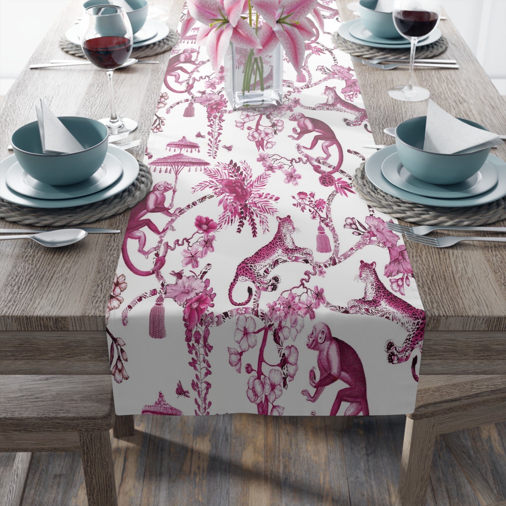 Kate McEnroe New York Chinoiserie Jungle Table Runner, Floral Pink, White Botanical Toile Country Farmhouse Table DecorTable Runners13983524129559087790