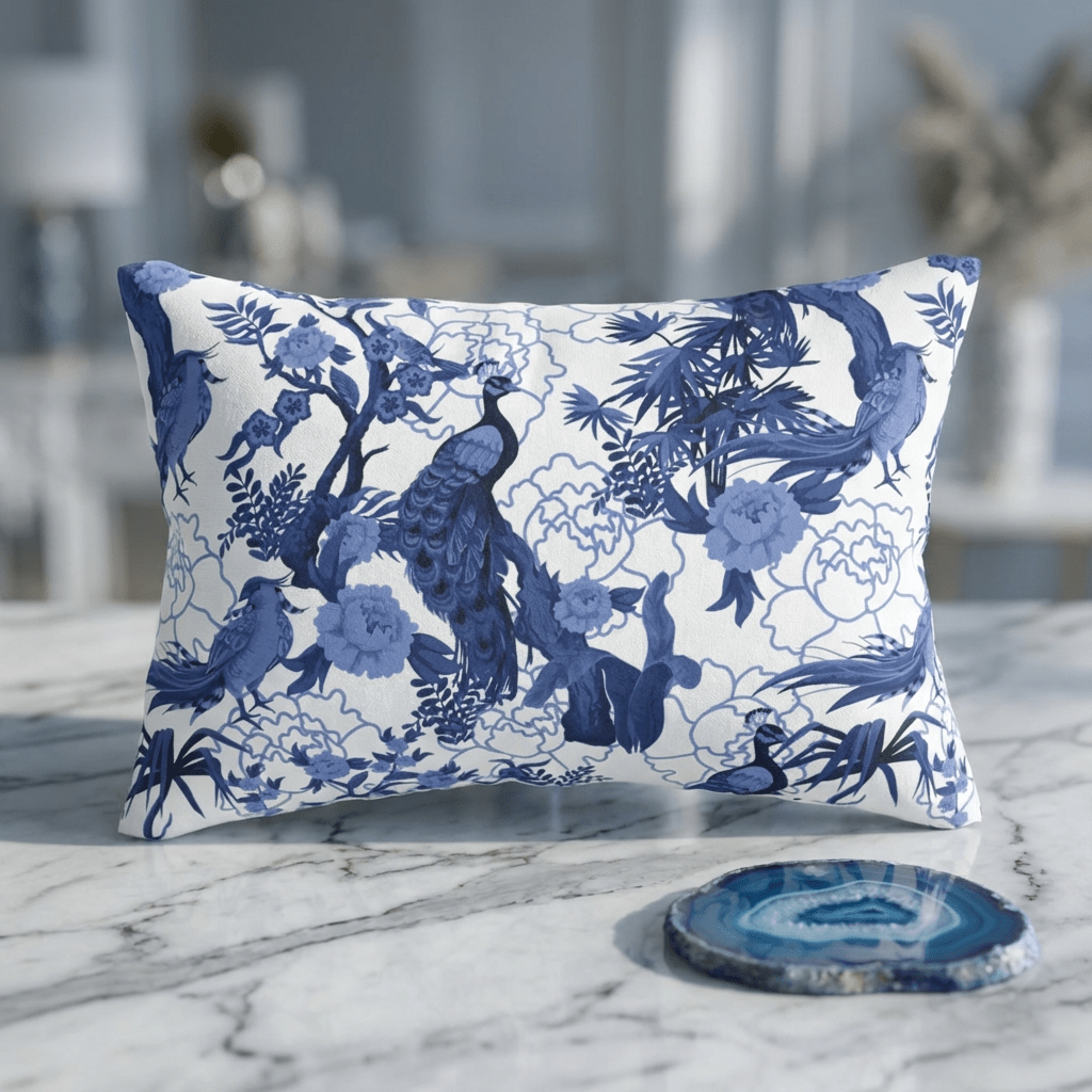 Kate McEnroe New York Chinoiserie Lumbar Pillow, Blue Peacock Floral Decorative CushionLumbar Pillows27435374831242307439
