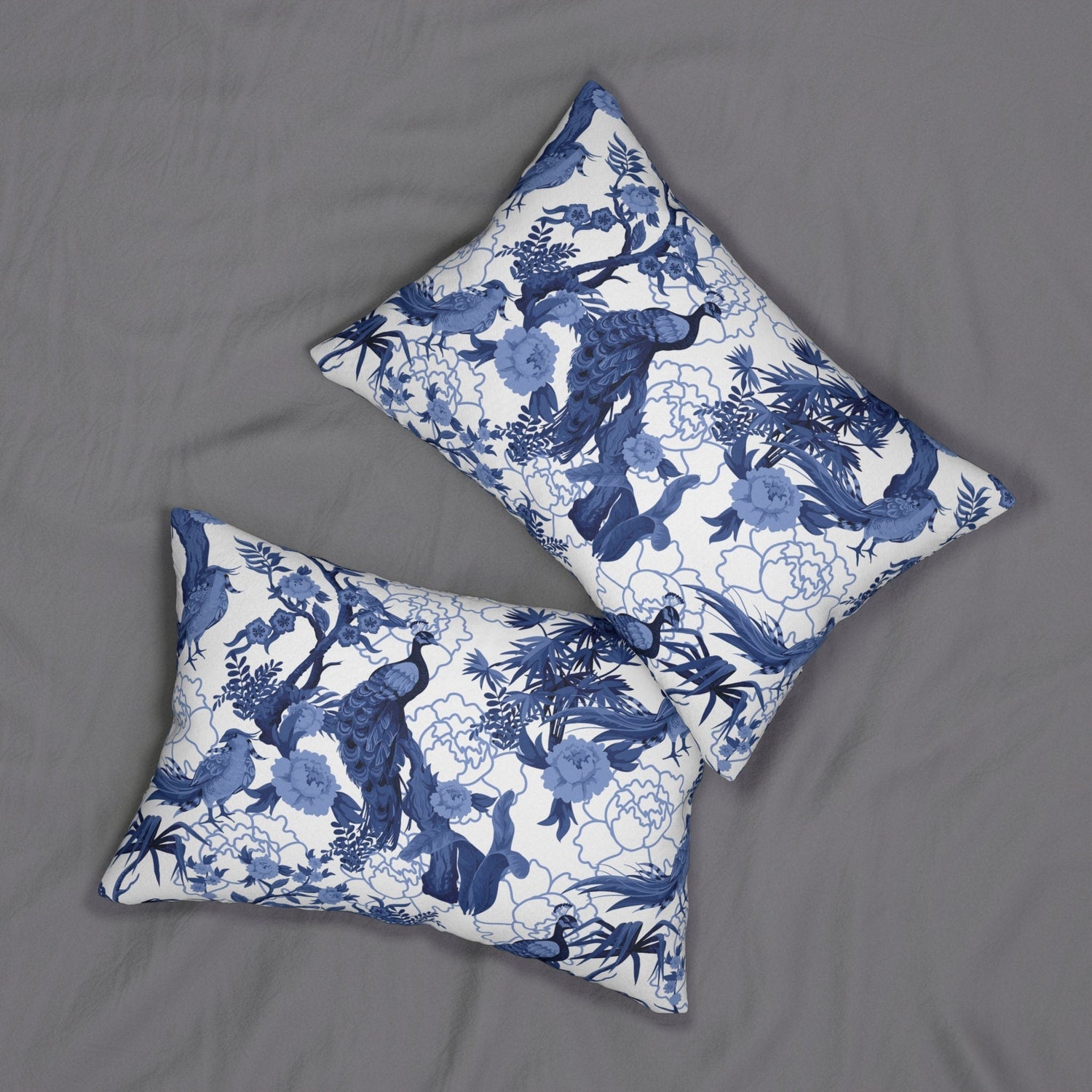 Kate McEnroe New York Chinoiserie Lumbar Pillow, Blue Peacock Floral Decorative CushionLumbar Pillows27435374831242307439