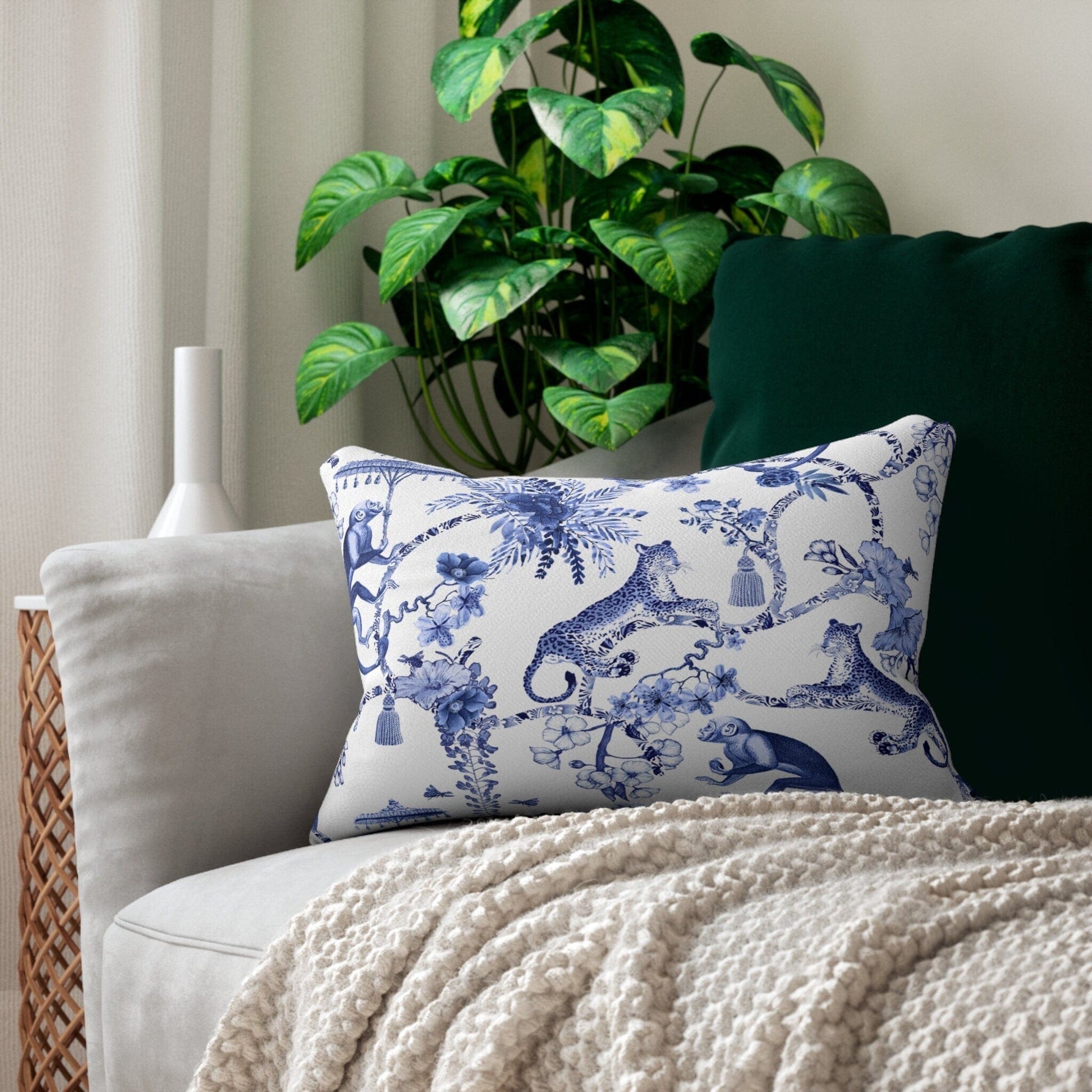 Kate McEnroe New York Chinoiserie Lumbar Pillow, Botanical Toile Bedding Collection, Floral Blue and White Chinoiserie Toile Throw Pillow with Insert Throw Pillows 28157272031391349351