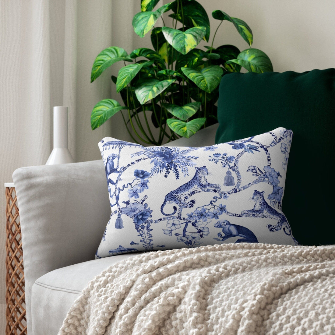 Kate McEnroe New York Chinoiserie Lumbar Pillow, Botanical Toile Bedding Collection, Floral Blue and White Chinoiserie Toile Throw Pillow with InsertThrow Pillows28157272031391349351
