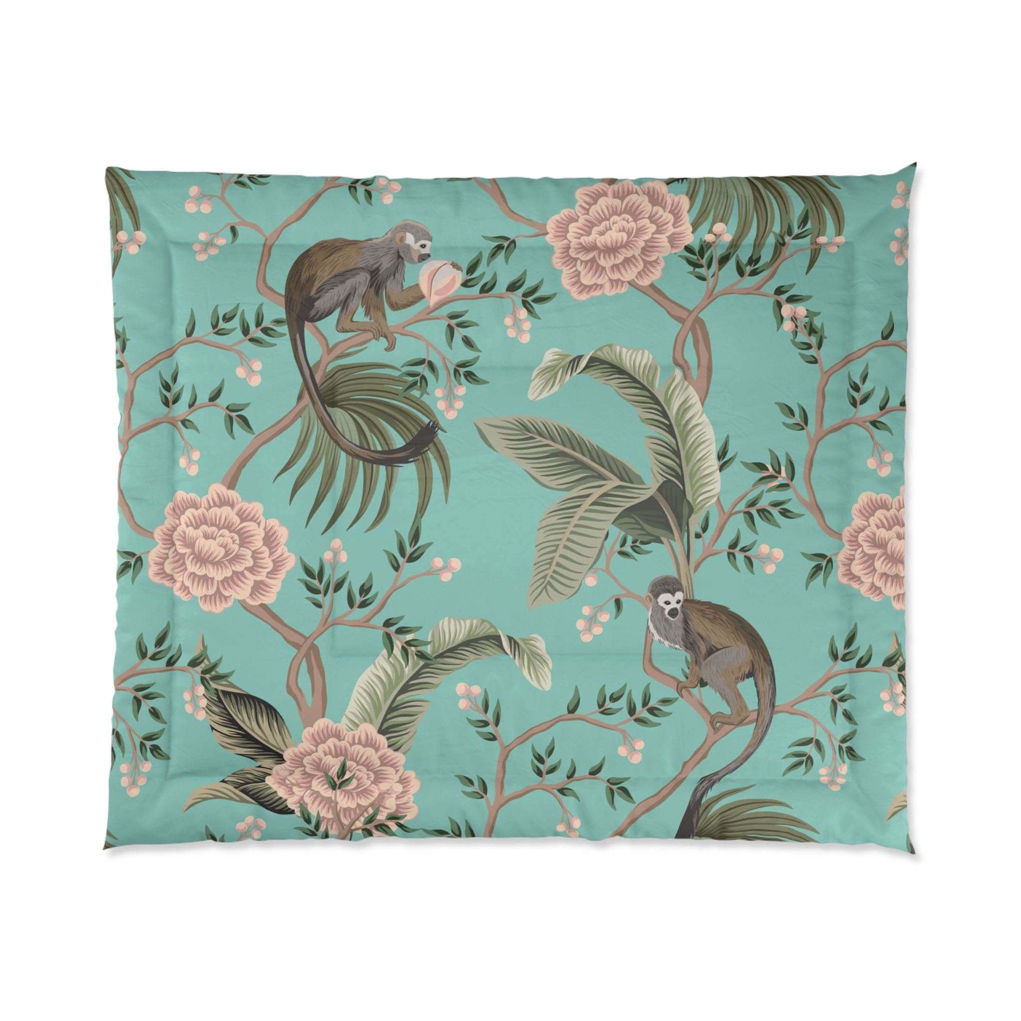 Kate McEnroe New York Chinoiserie Monkey Floral Comforter, Teal Pink Botanical BeddingComforters17610726947373992460
