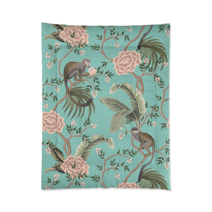 Kate McEnroe New York Chinoiserie Monkey Floral Comforter, Teal Pink Botanical BeddingComforters17958806839928460028