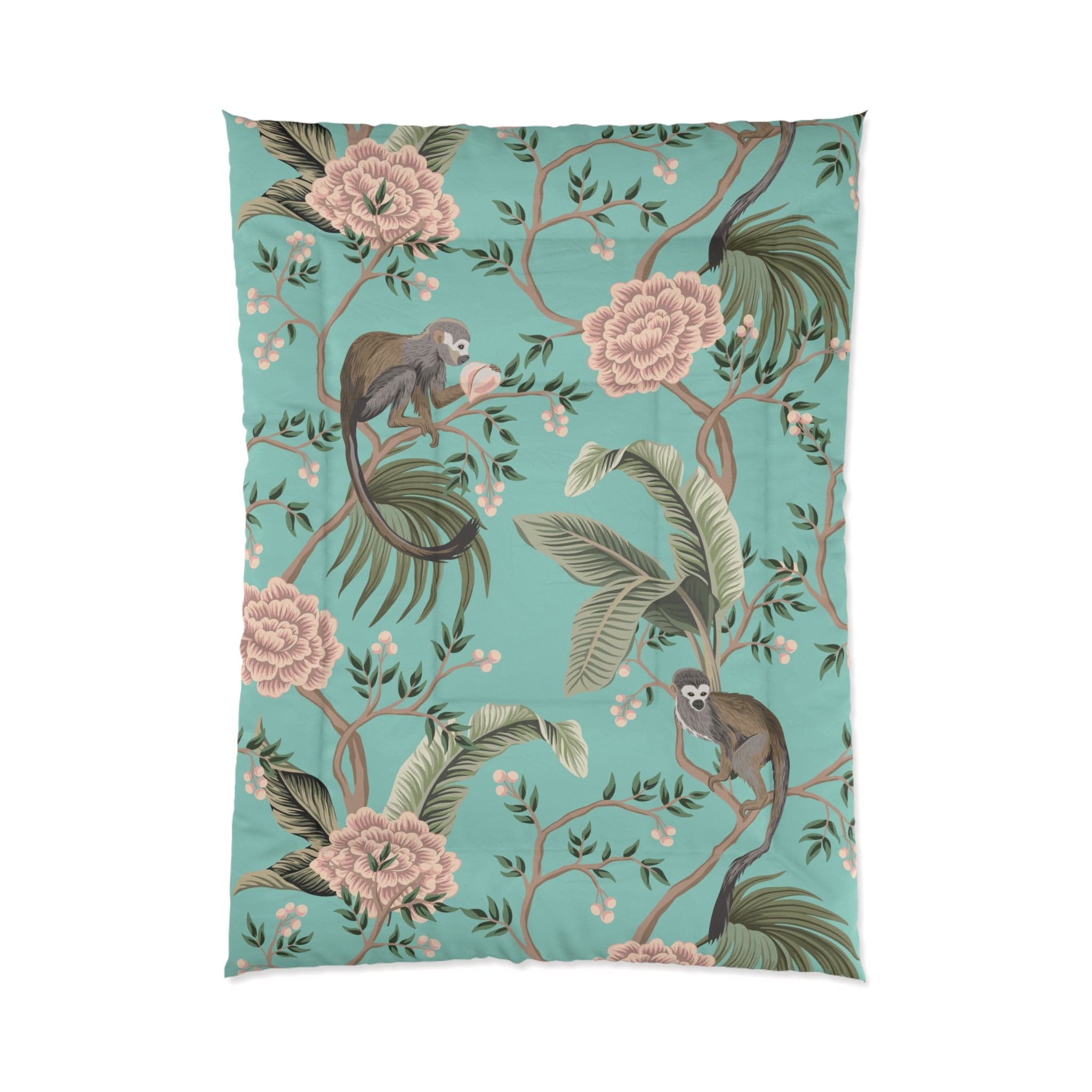 Kate McEnroe New York Chinoiserie Monkey Floral Comforter, Teal Pink Botanical BeddingComforters93189734320329781681