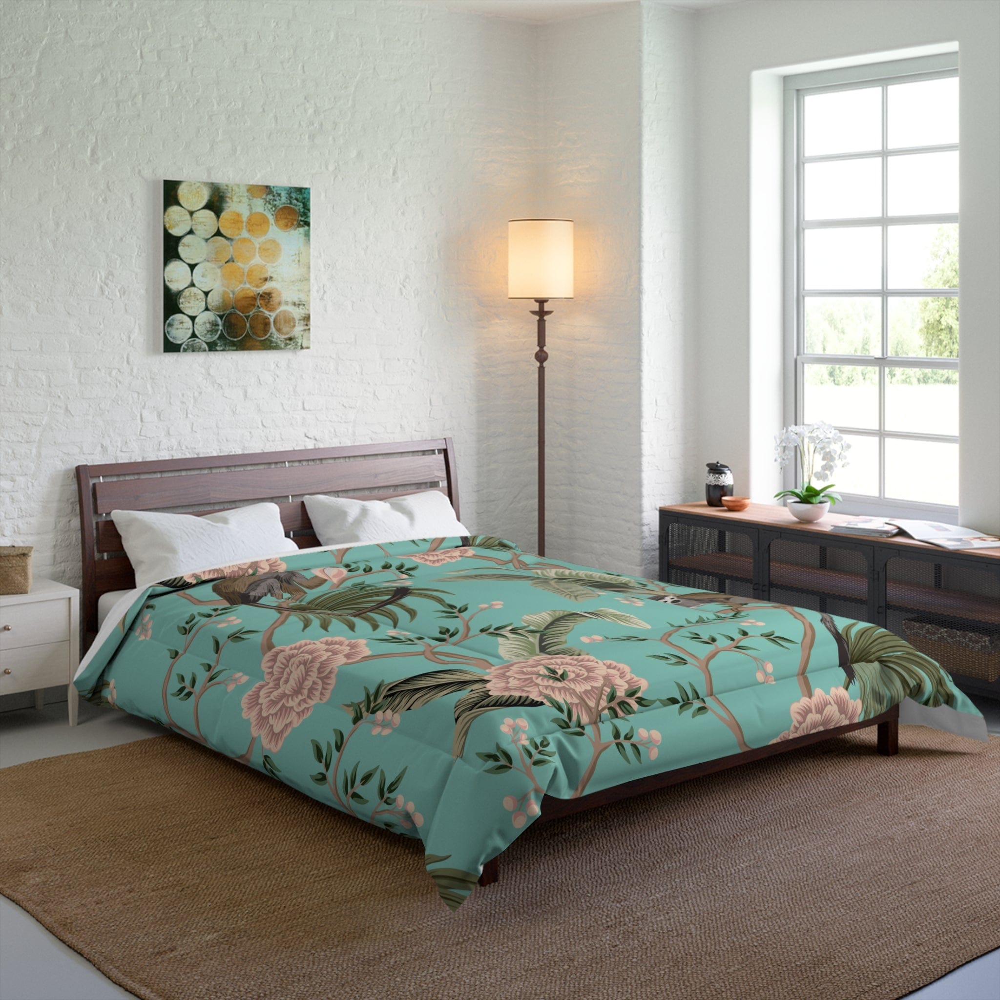 Kate McEnroe New York Chinoiserie Monkey Floral Comforter, Teal Pink Botanical BeddingComforters93189734320329781681