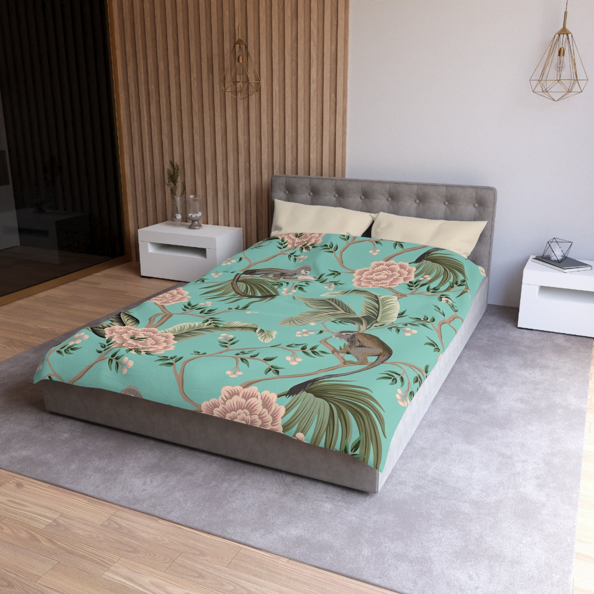 Kate McEnroe New York Chinoiserie Monkey Floral Duvet Cover, Teal Pink Botanical BeddingDuvet Covers13093747501502034738