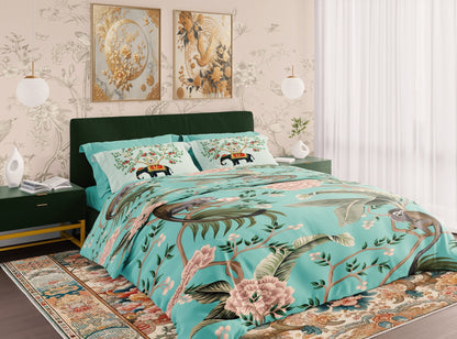 Kate McEnroe New York Chinoiserie Monkey Floral Duvet Cover, Teal Pink Botanical BeddingDuvet Covers13093747501502034738