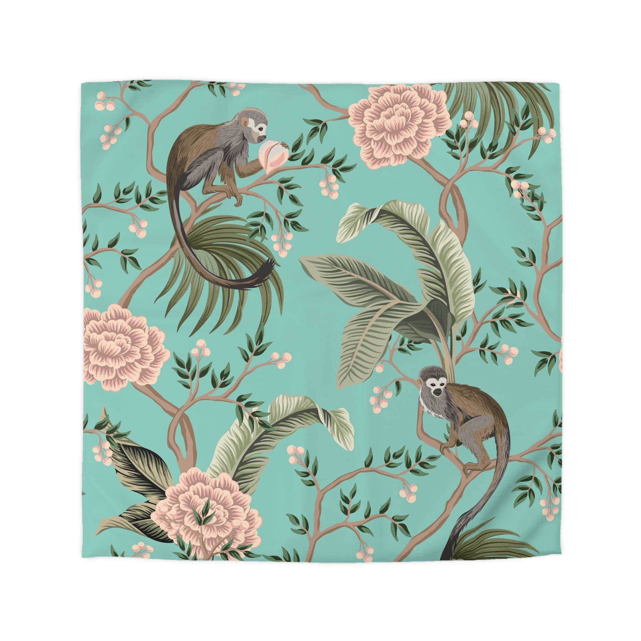 Kate McEnroe New York Chinoiserie Monkey Floral Duvet Cover, Teal Pink Botanical BeddingDuvet Covers19957813813898245243