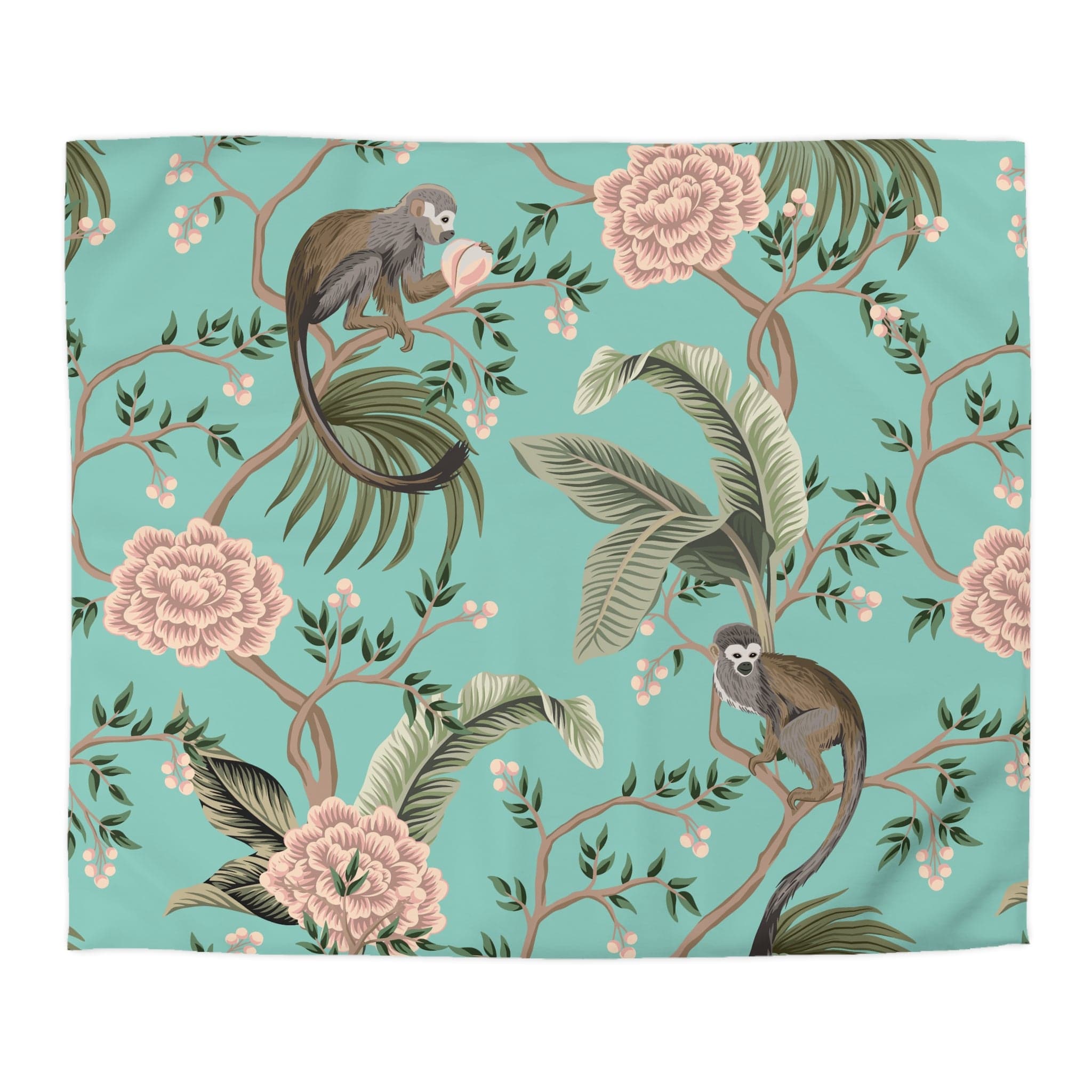 Kate McEnroe New York Chinoiserie Monkey Floral Duvet Cover, Teal Pink Botanical BeddingDuvet Covers19957813813898245243