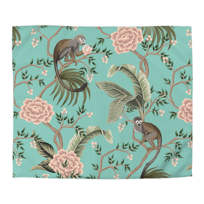 Kate McEnroe New York Chinoiserie Monkey Floral Duvet Cover, Teal Pink Botanical BeddingDuvet Covers19957813813898245243