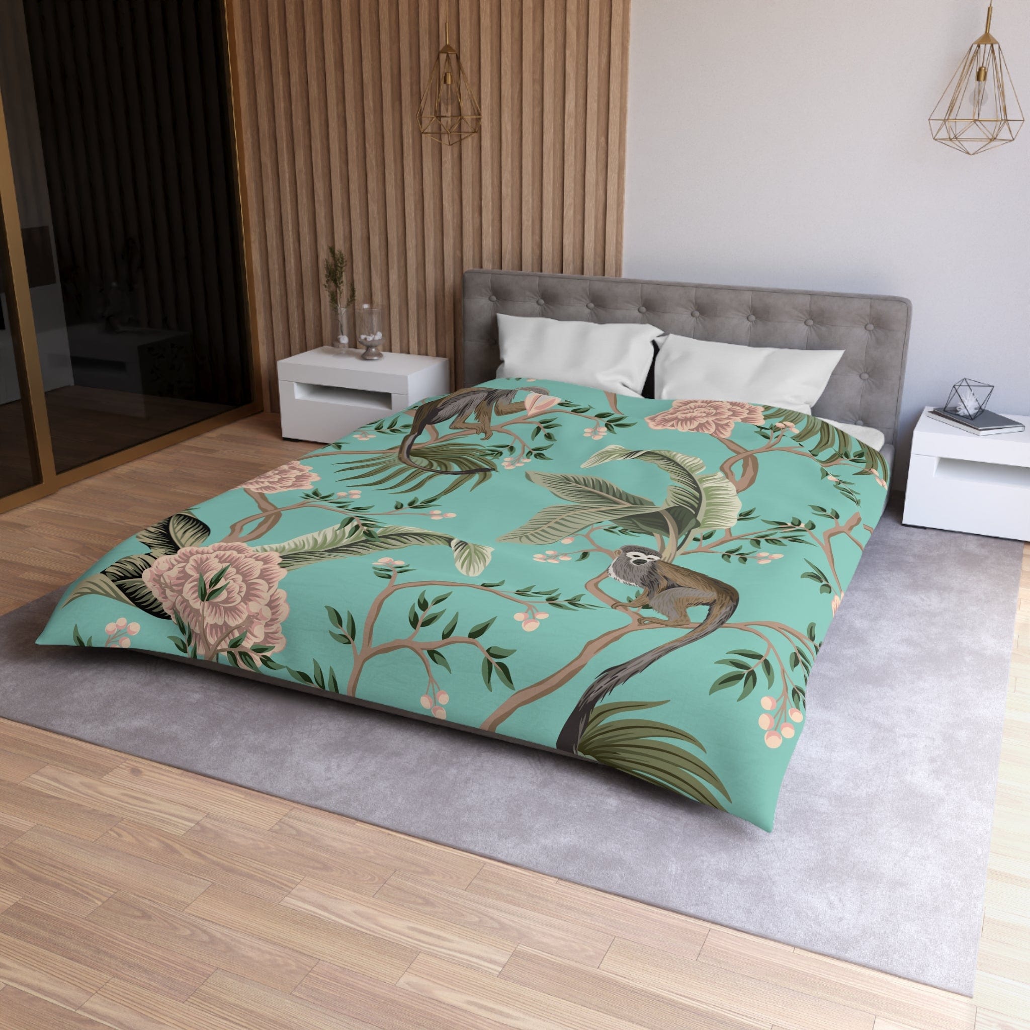 Kate McEnroe New York Chinoiserie Monkey Floral Duvet Cover, Teal Pink Botanical BeddingDuvet Covers19957813813898245243