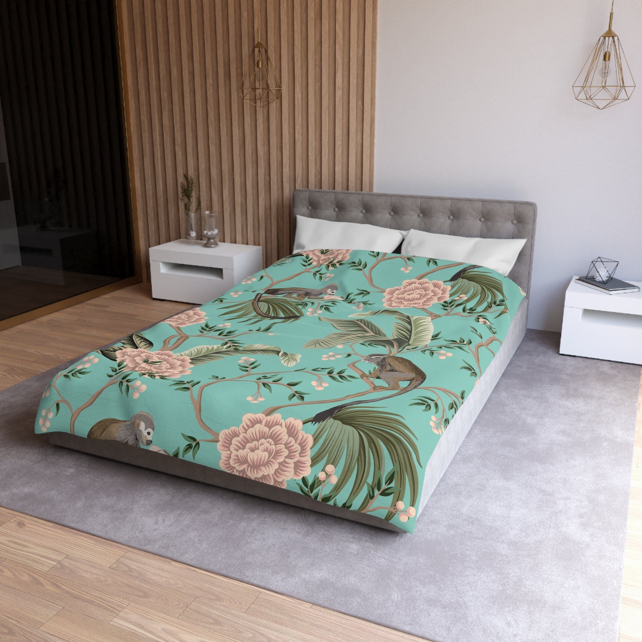 Kate McEnroe New York Chinoiserie Monkey Floral Duvet Cover, Teal Pink Botanical BeddingDuvet Covers20138058003971237307
