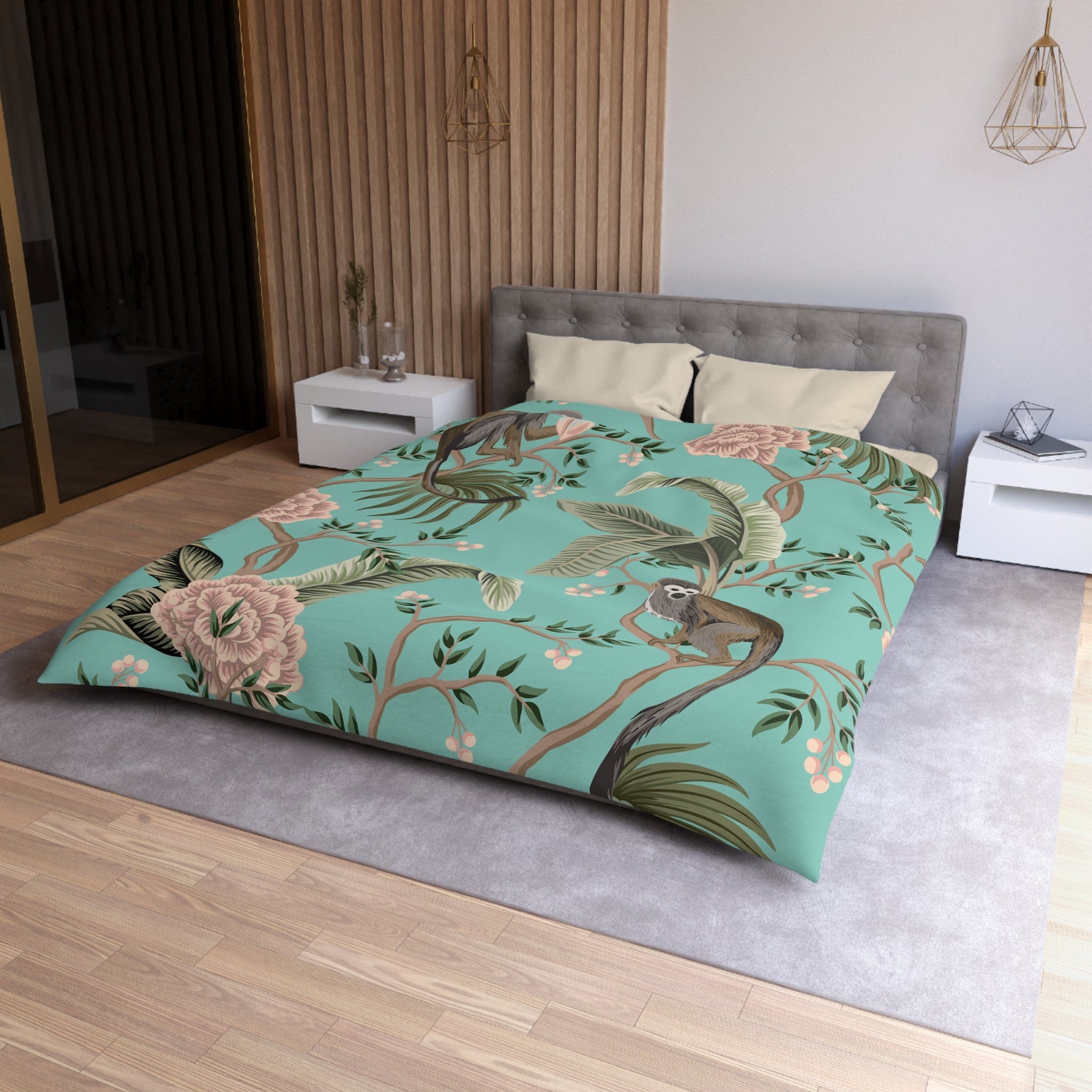 Kate McEnroe New York Chinoiserie Monkey Floral Duvet Cover, Teal Pink Botanical BeddingDuvet Covers20138058003971237307
