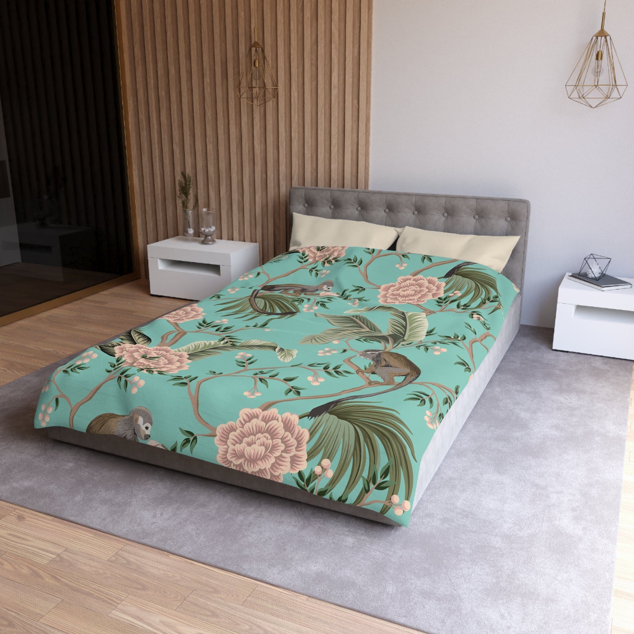 Kate McEnroe New York Chinoiserie Monkey Floral Duvet Cover, Teal Pink Botanical BeddingDuvet Covers29354237432838939756
