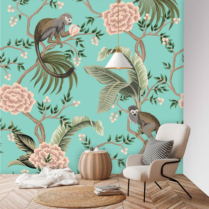 Kate McEnroe New York Chinoiserie Monkey Floral Wall Mural, Teal Pink Botanical Peel And Stick Wall DecorWall Mural116310