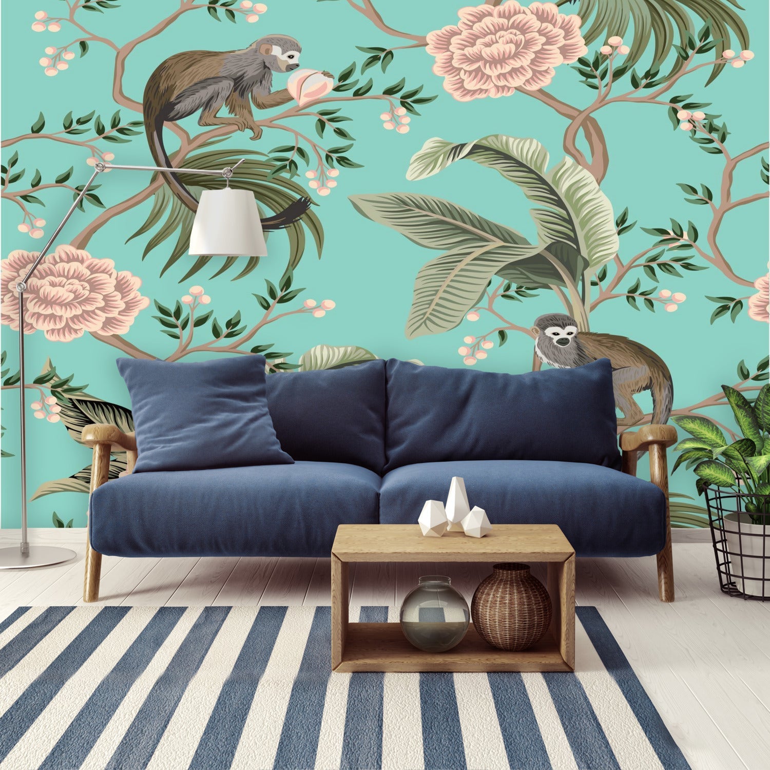 Kate McEnroe New York Chinoiserie Monkey Floral Wall Mural, Teal Pink Botanical Peel And Stick Wall DecorWall Mural116311