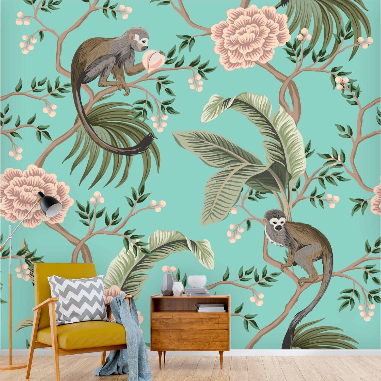 Kate McEnroe New York Chinoiserie Monkey Floral Wall Mural, Teal Pink Botanical Peel And Stick Wall DecorWall Mural116312