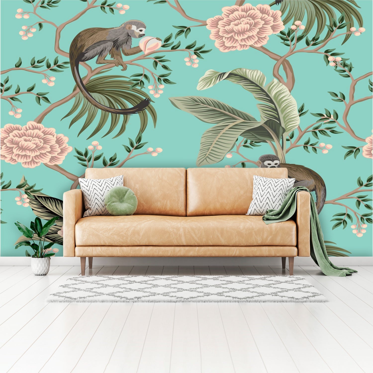 Kate McEnroe New York Chinoiserie Monkey Floral Wall Mural, Teal Pink Botanical Peel And Stick Wall DecorWall Mural116313