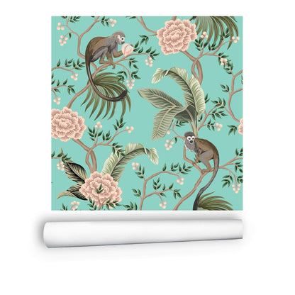 Kate McEnroe New York Chinoiserie Monkey Floral Wall Mural, Teal Pink Botanical Peel And Stick Wall DecorWall Mural116314