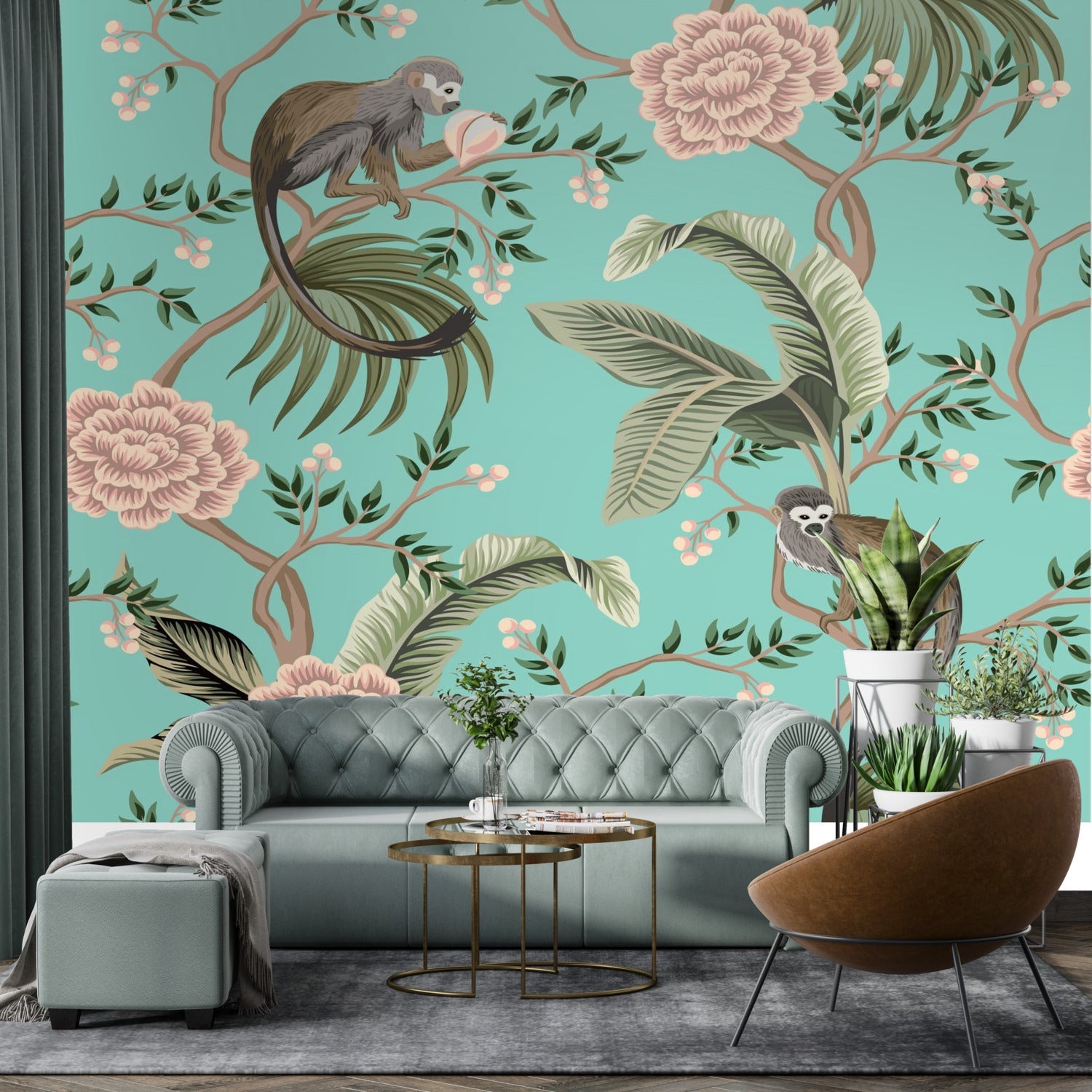 Kate McEnroe New York Chinoiserie Monkey Floral Wall Mural, Teal Pink Botanical Peel And Stick Wall DecorWall Mural116315