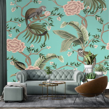 Kate McEnroe New York Chinoiserie Monkey Floral Wall Mural, Teal Pink Botanical Peel And Stick Wall DecorWall Mural116315