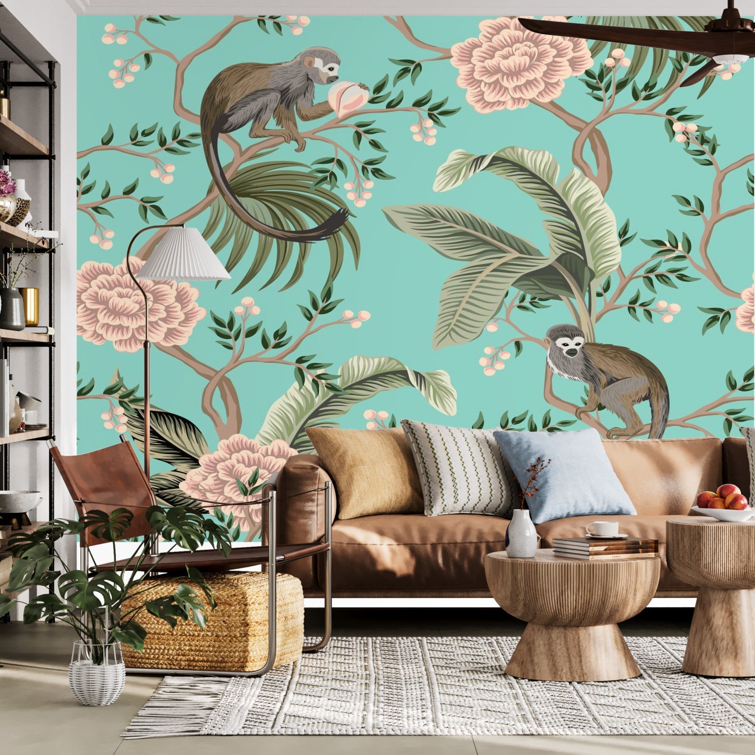 Kate McEnroe New York Chinoiserie Monkey Floral Wall Mural, Teal Pink Botanical Peel And Stick Wall DecorWall Mural116317