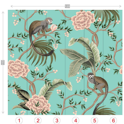 Kate McEnroe New York Chinoiserie Monkey Floral Wall Mural, Teal Pink Botanical Peel And Stick Wall DecorWall Mural116320