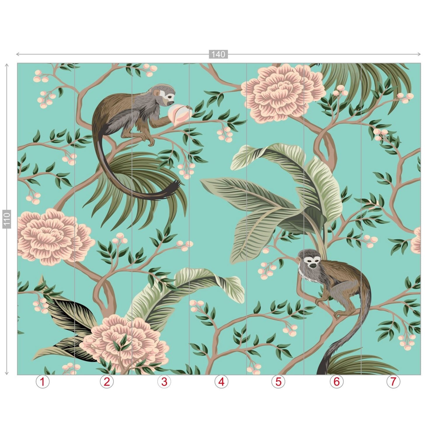 Kate McEnroe New York Chinoiserie Monkey Floral Wall Mural, Teal Pink Botanical Peel And Stick Wall DecorWall Mural116320