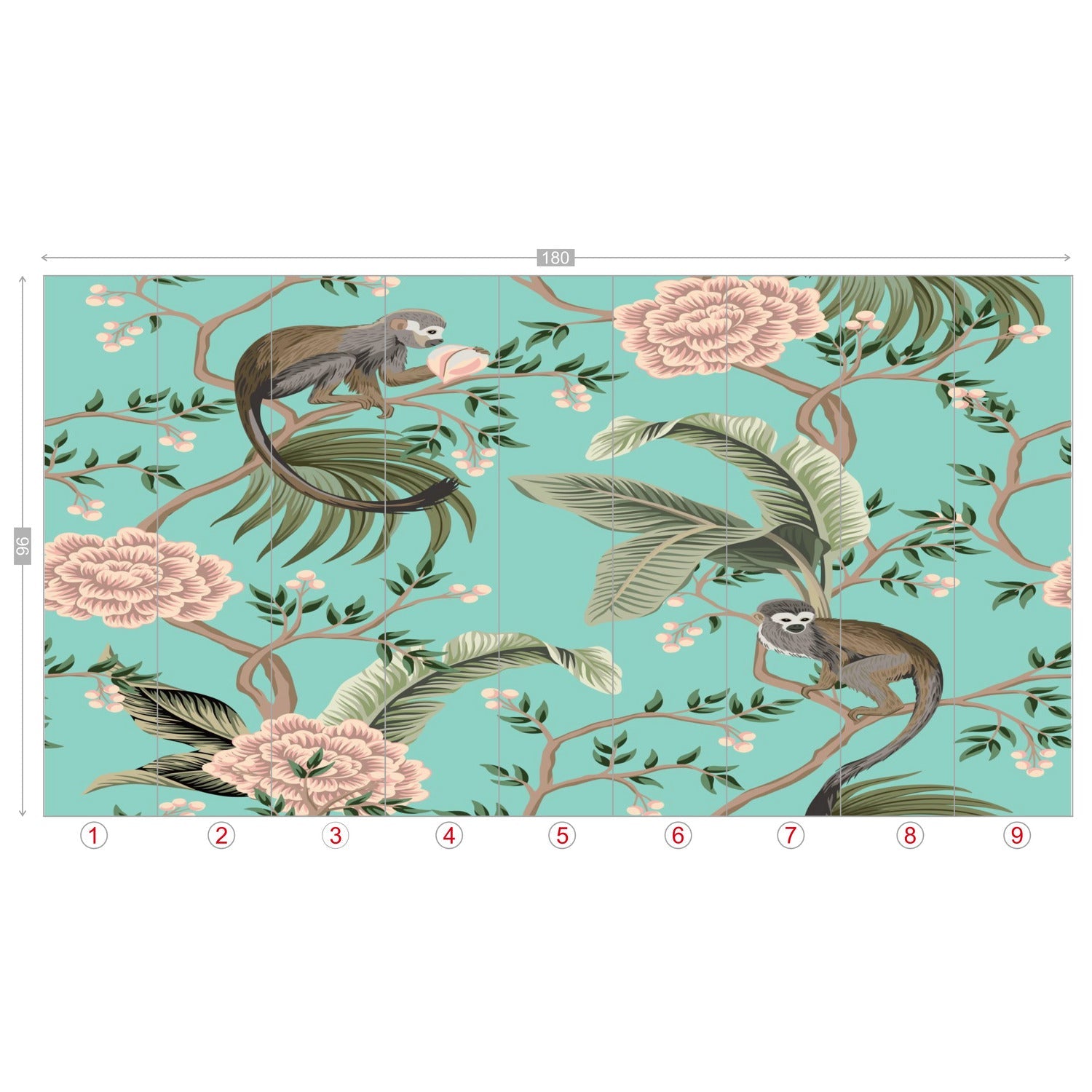 Kate McEnroe New York Chinoiserie Monkey Floral Wall Mural, Teal Pink Botanical Peel And Stick Wall DecorWall Mural116320