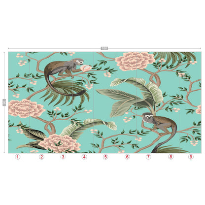 Kate McEnroe New York Chinoiserie Monkey Floral Wall Mural, Teal Pink Botanical Peel And Stick Wall DecorWall Mural116320