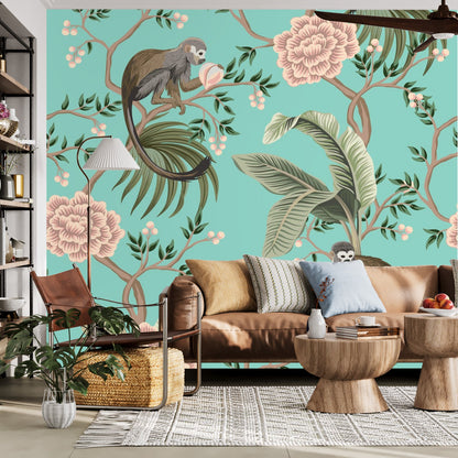 Kate McEnroe New York Chinoiserie Monkey Floral Wall Mural, Teal Pink Botanical Peel And Stick Wall DecorWall Mural116320