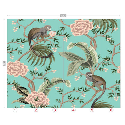 Kate McEnroe New York Chinoiserie Monkey Floral Wall Mural, Teal Pink Botanical Peel And Stick Wall DecorWall Mural116320