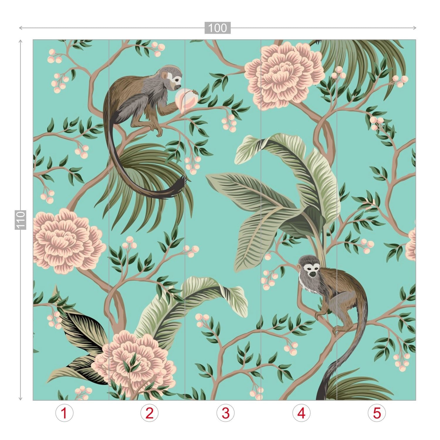 Kate McEnroe New York Chinoiserie Monkey Floral Wall Mural, Teal Pink Botanical Peel And Stick Wall DecorWall Mural116320