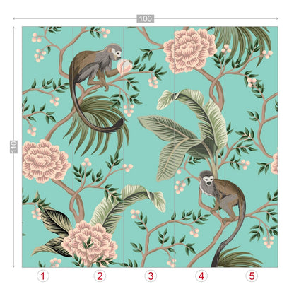 Kate McEnroe New York Chinoiserie Monkey Floral Wall Mural, Teal Pink Botanical Peel And Stick Wall DecorWall Mural116320