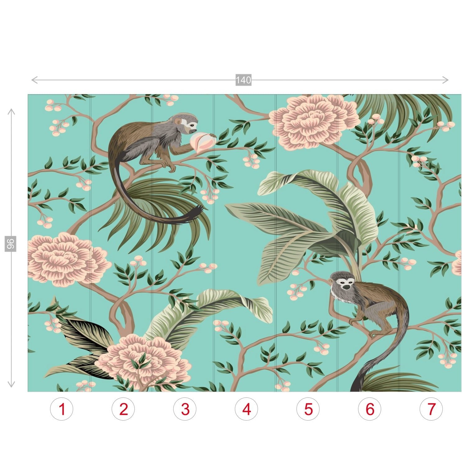 Kate McEnroe New York Chinoiserie Monkey Floral Wall Mural, Teal Pink Botanical Peel And Stick Wall DecorWall Mural116320