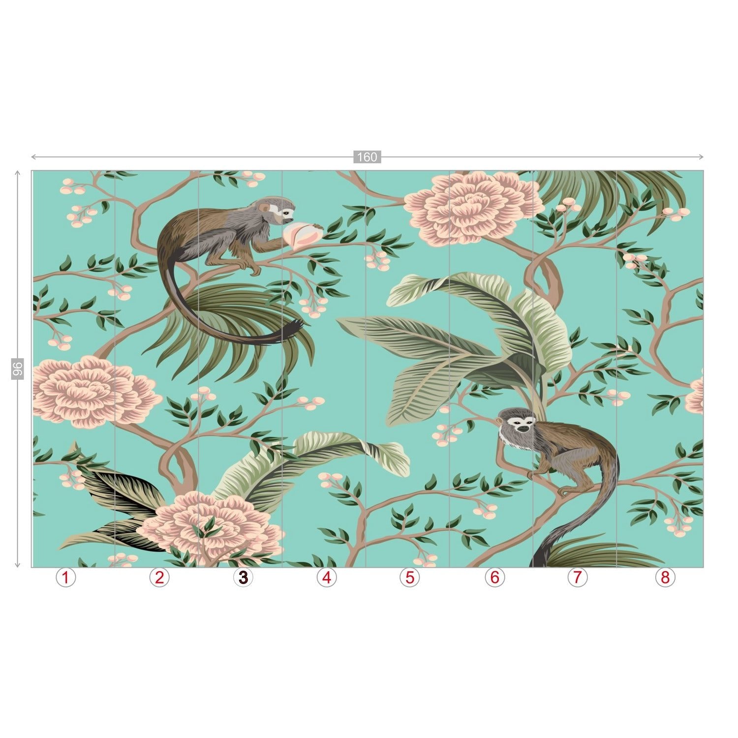 Kate McEnroe New York Chinoiserie Monkey Floral Wall Mural, Teal Pink Botanical Peel And Stick Wall DecorWall Mural116320