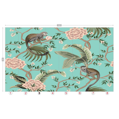 Kate McEnroe New York Chinoiserie Monkey Floral Wall Mural, Teal Pink Botanical Peel And Stick Wall DecorWall Mural116320