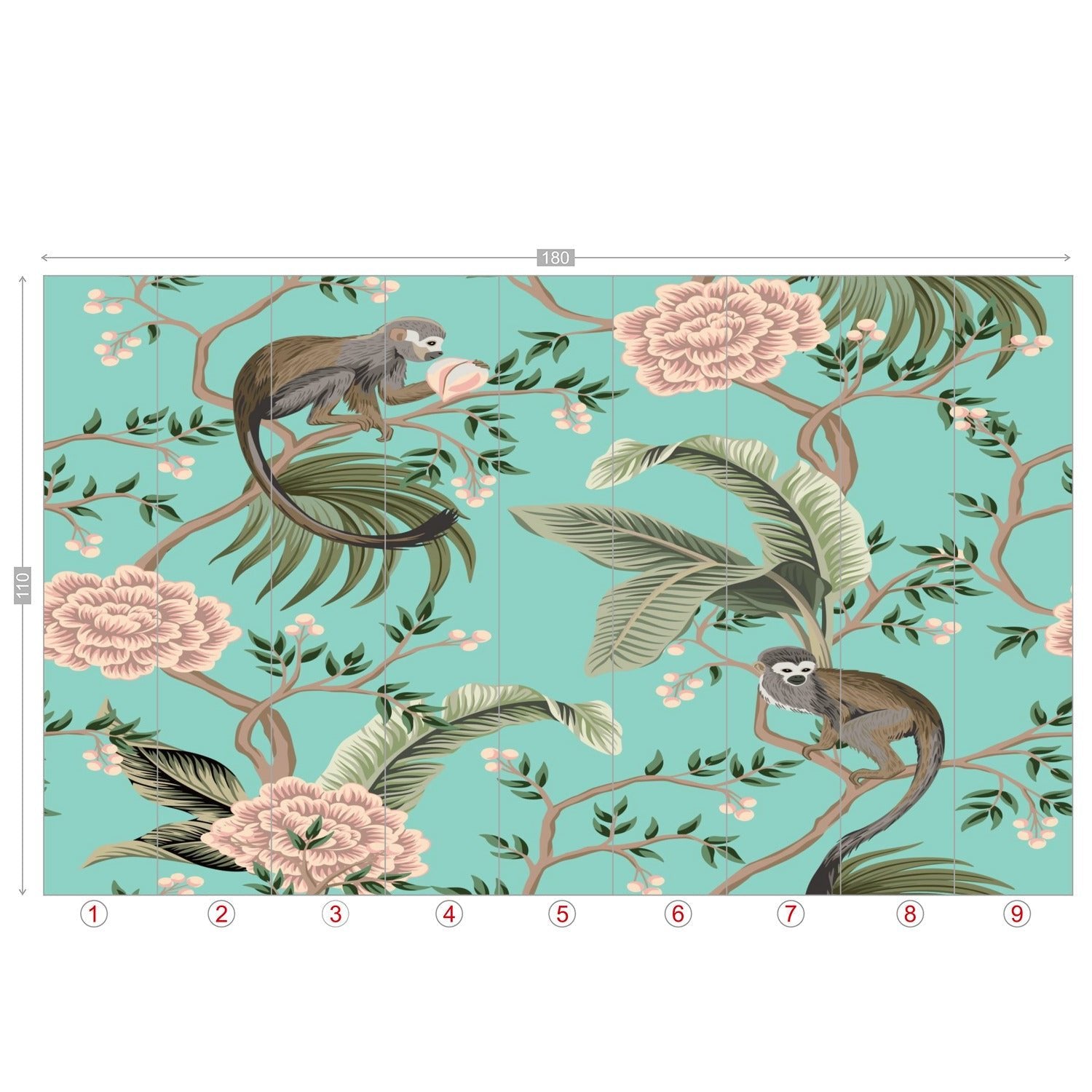 Kate McEnroe New York Chinoiserie Monkey Floral Wall Mural, Teal Pink Botanical Peel And Stick Wall DecorWall Mural116320