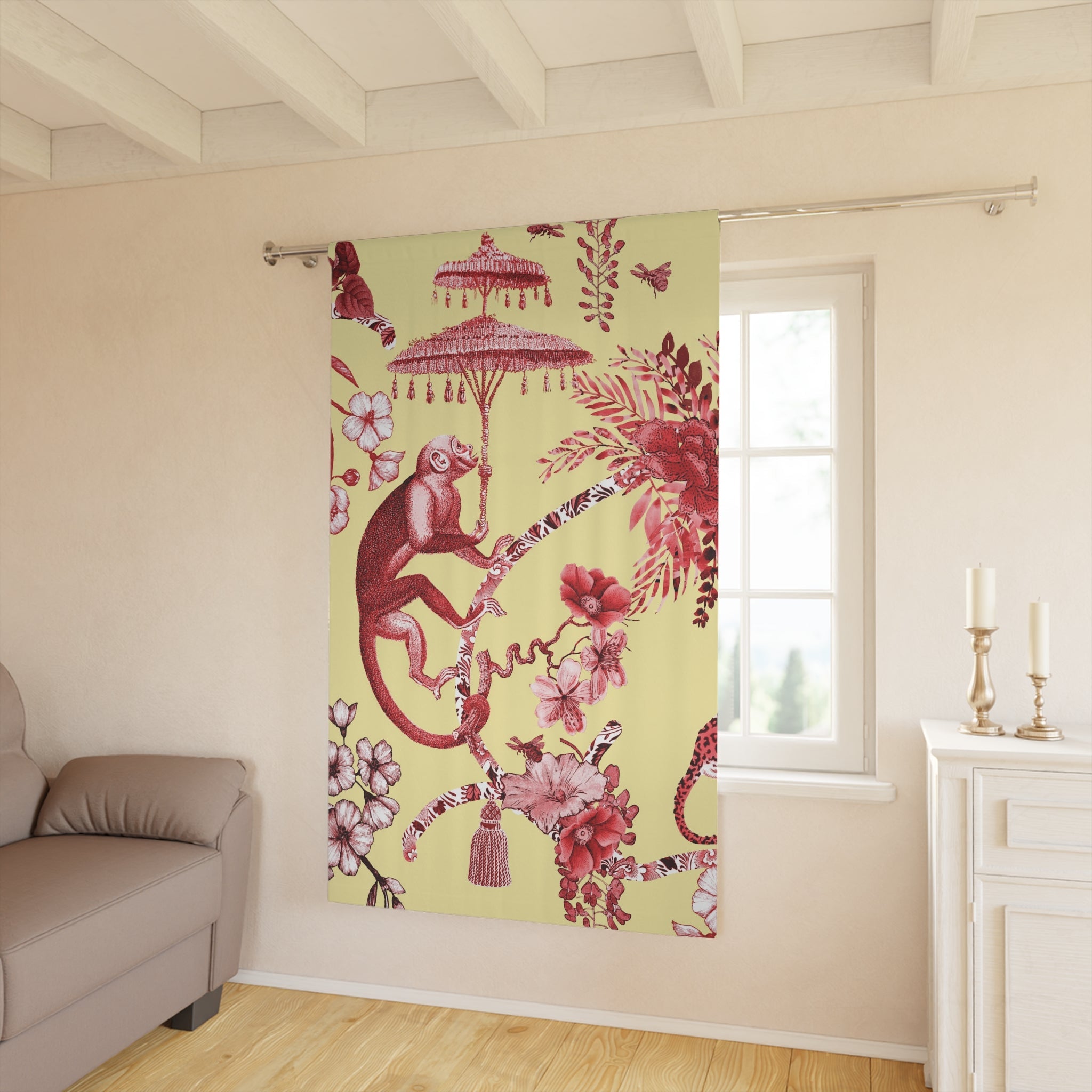 Kate McEnroe New York Chinoiserie Pagoda Botanical Toile Blackout Window Curtains, Yellow Red Floral Farmhouse DrapesWindow Curtains17299029116900510366