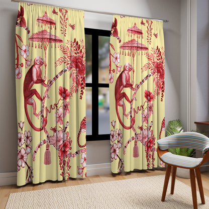 Kate McEnroe New York Chinoiserie Pagoda Botanical Toile Blackout Window Curtains, Yellow Red Floral Farmhouse DrapesWindow Curtains17299029116900510366