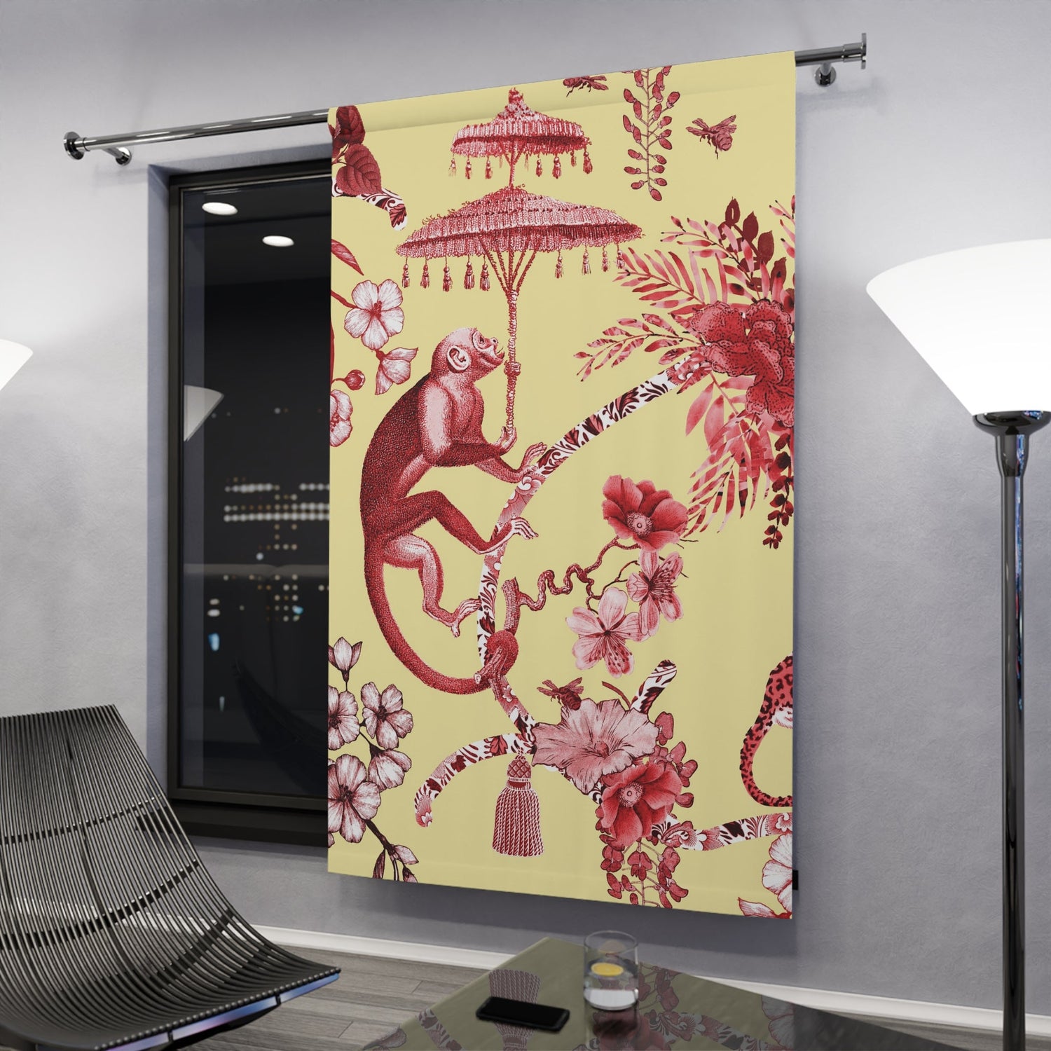 Kate McEnroe New York Chinoiserie Pagoda Botanical Toile Blackout Window Curtains, Yellow Red Floral Farmhouse DrapesWindow Curtains17299029116900510366