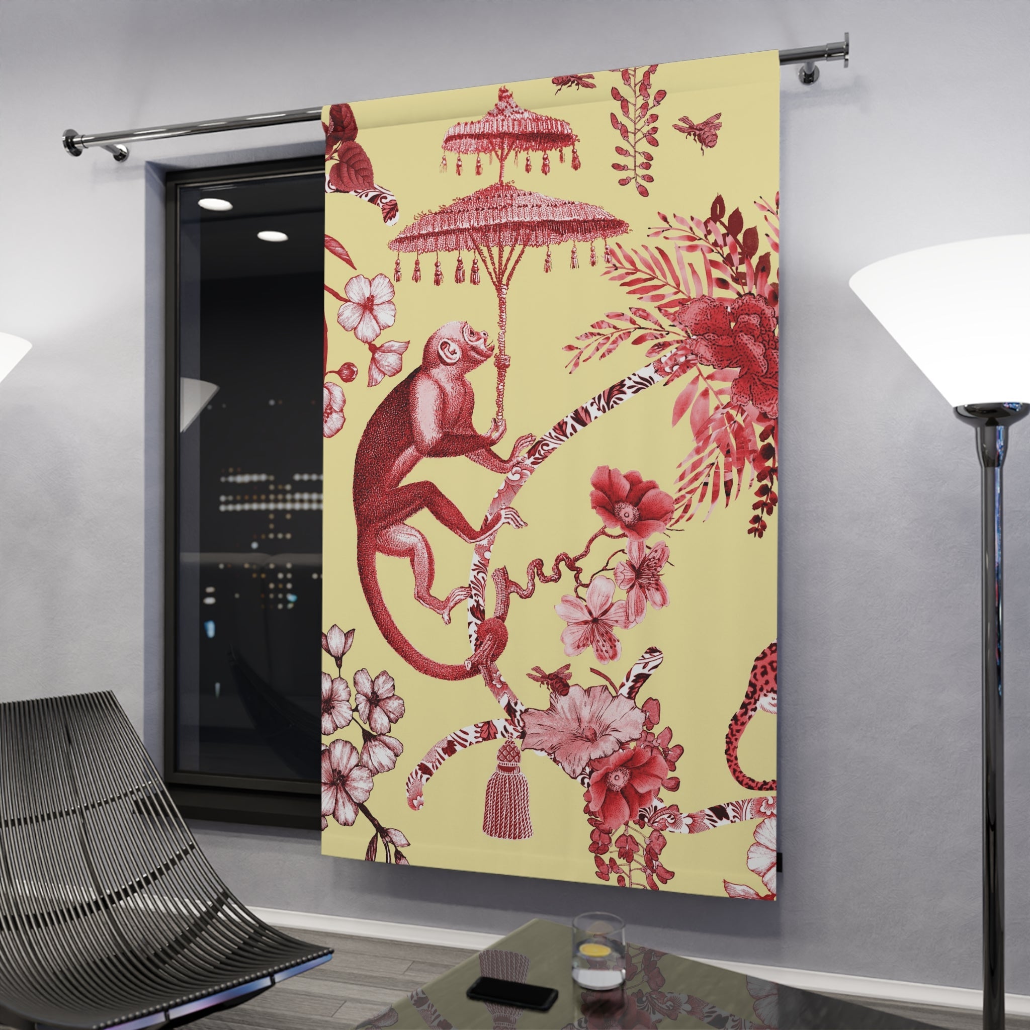 Kate McEnroe New York Chinoiserie Pagoda Botanical Toile Blackout Window Curtains, Yellow Red Floral Farmhouse DrapesWindow Curtains17299029116900510366