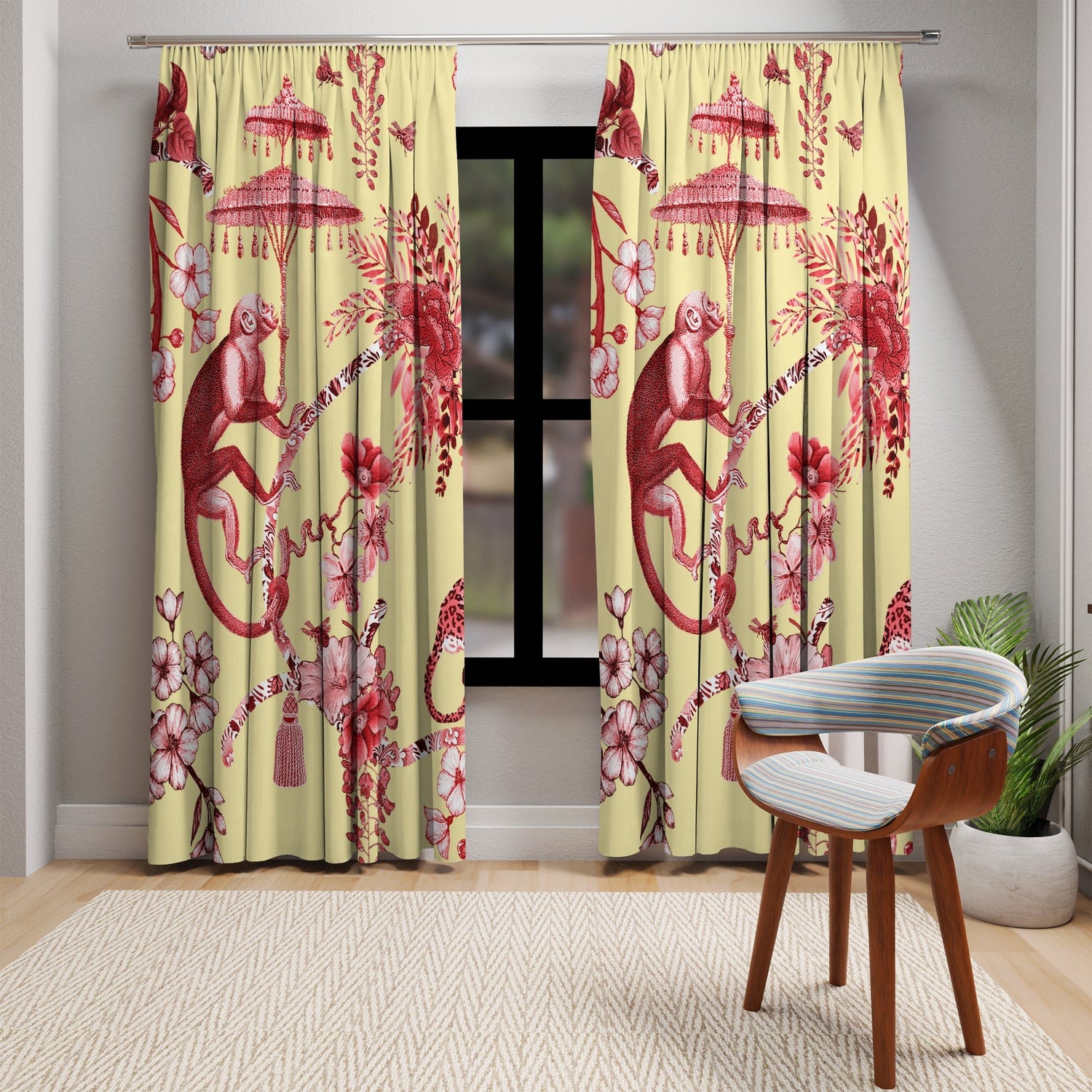 Kate McEnroe New York Chinoiserie Pagoda Botanical Toile Blackout Window Curtains, Yellow Red Floral Farmhouse DrapesWindow Curtains17299029116900510366