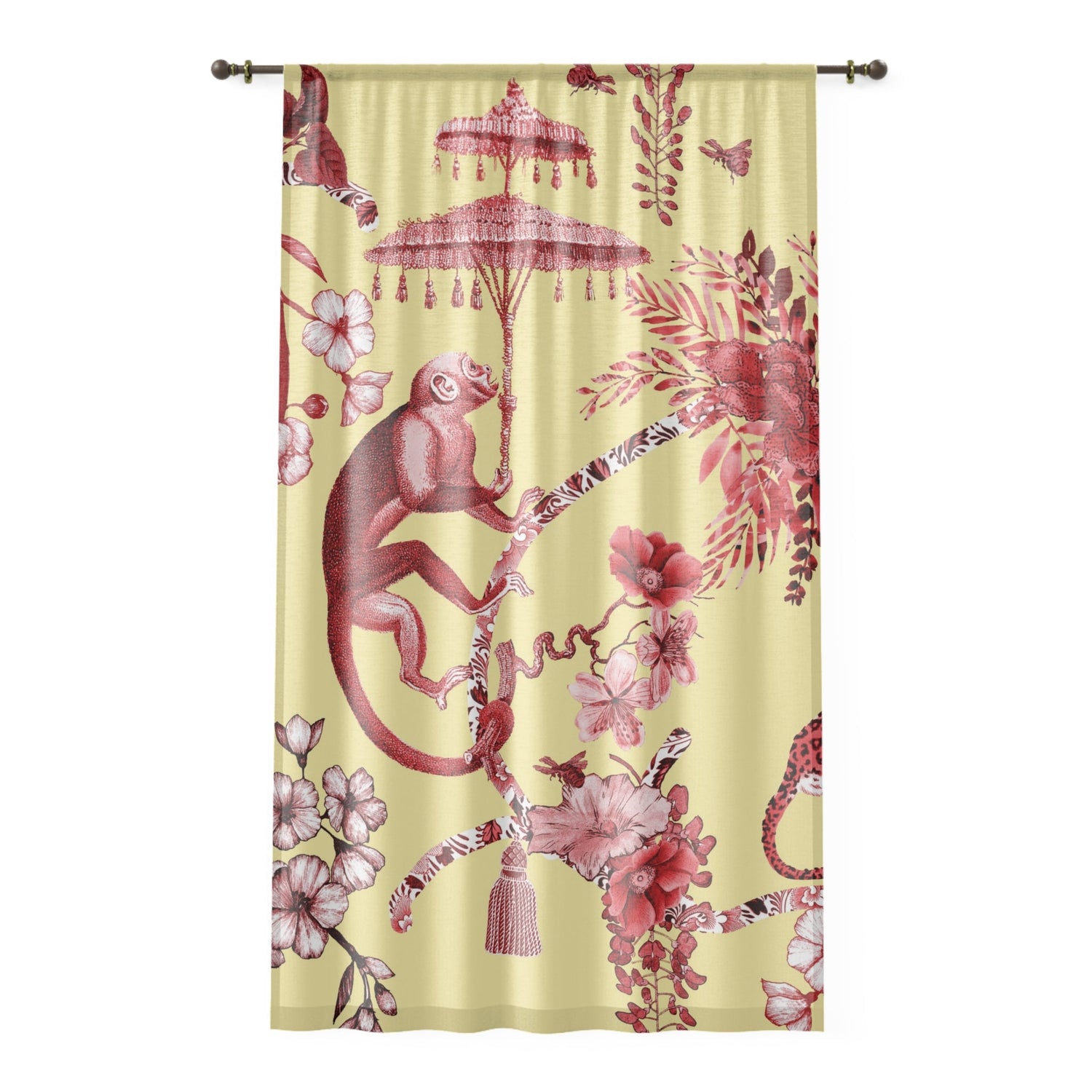 Kate McEnroe New York Chinoiserie Pagoda Botanical Toile Sheer Window Curtains, Yellow Red Floral Farmhouse DrapesWindow Curtains32228214383047137439