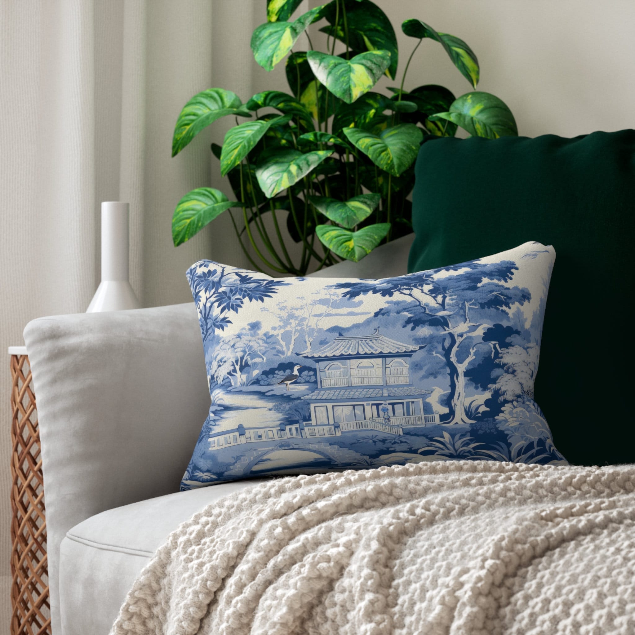 Kate McEnroe New York Chinoiserie Pagoda Floral Lumbar Pillow, Country Farmhouse Grandmillenial Living Room, Bedroom Accent Pillow - 12058823Lumbar Pillows21141585544401696250