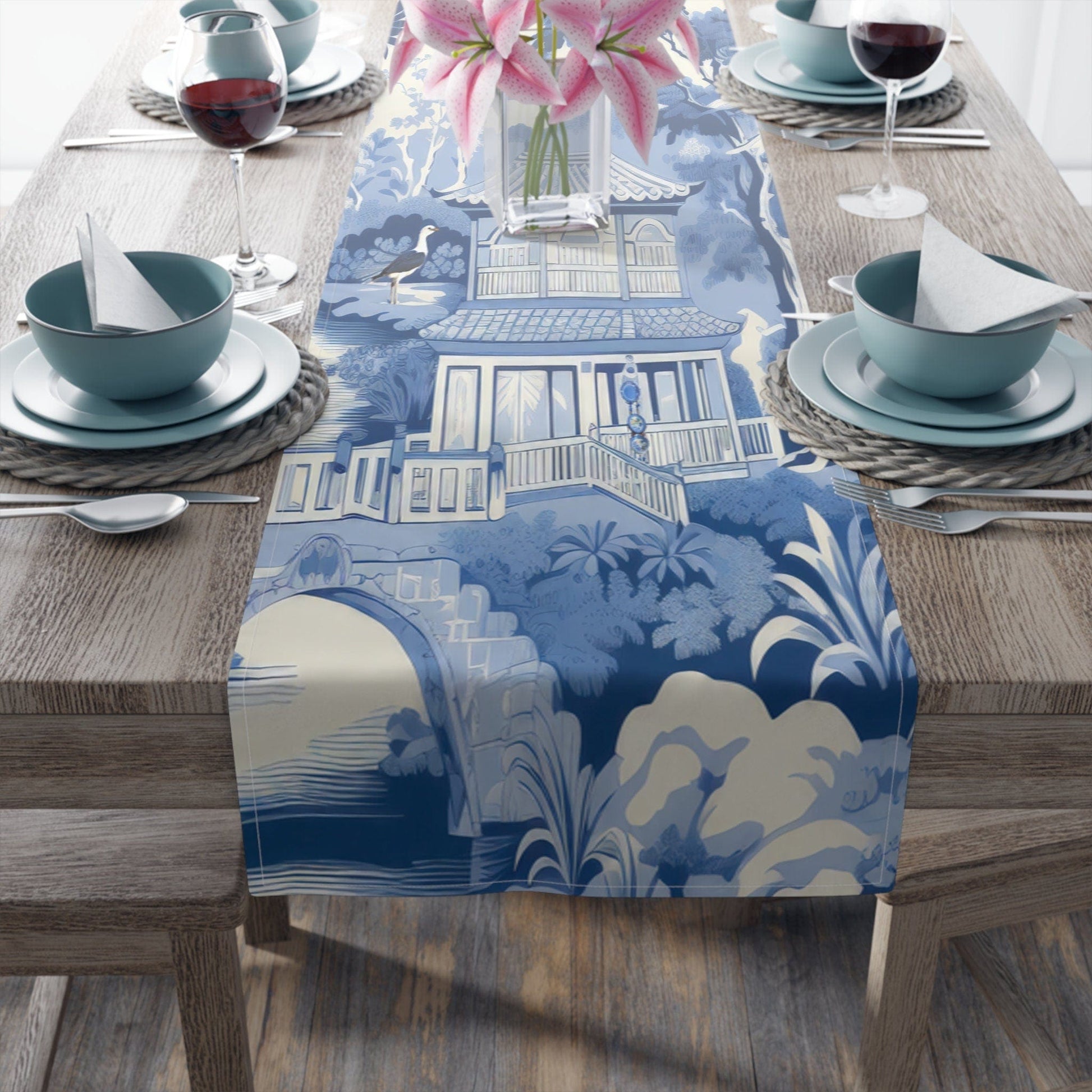 Kate McEnroe New York Chinoiserie Pagoda Floral Table Runner, Country Chic Farmhouse Table Linens, Wedding Table Decor, Grandmillenial Kitchen Decor - 11218823