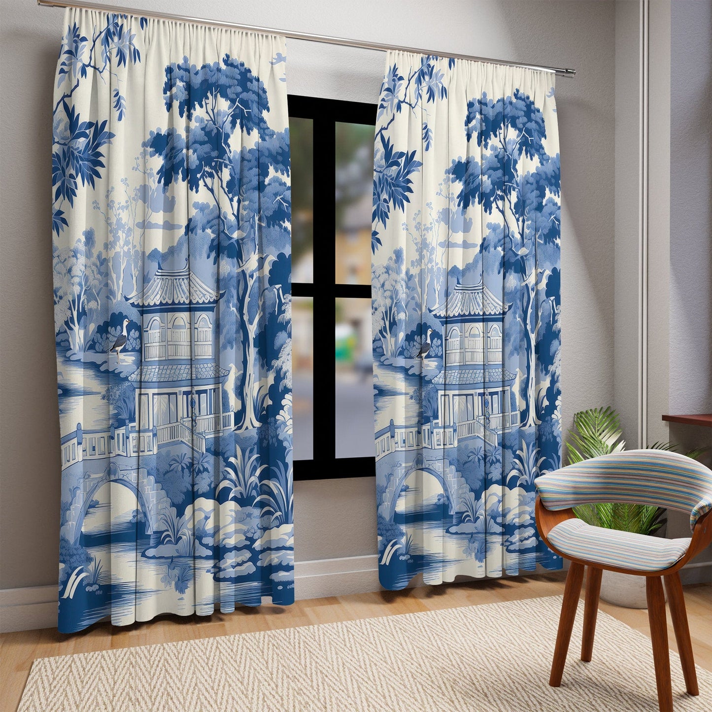 Kate McEnroe New York Chinoiserie Pagoda Floral Window Curtains, Country Farmhouse Grandmillenial Traditional Asian Country Scene Curtain Panels 11208823