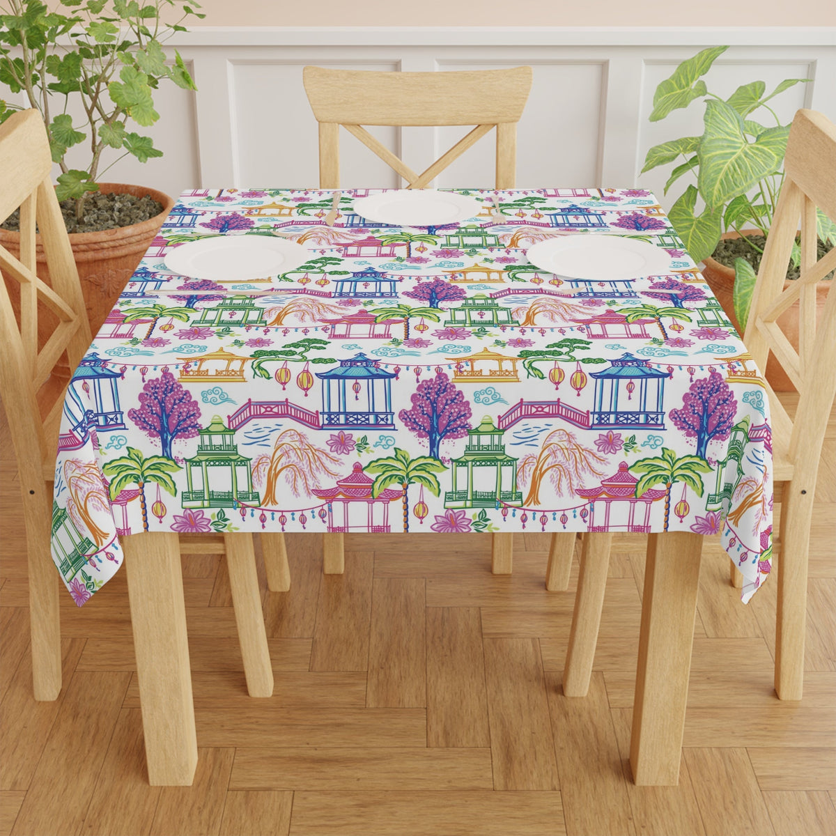 Kate McEnroe New York Chinoiserie Pagoda Garden Tablecloth, Grandmillennial Table LinenTablecloths16809395416013891326