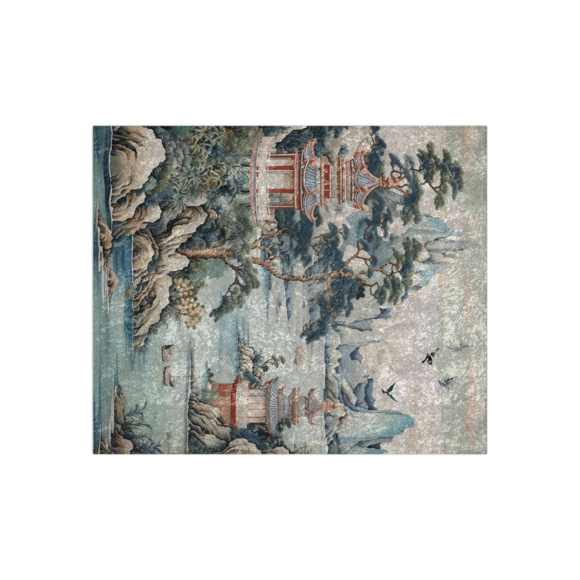 Kate McEnroe New York Chinoiserie Pagoda Landscape Floral Crushed Velvet Blanket, Country Chic Farmhouse Sofa Blanket, Grandmillenial Decor - 122281123 Blankets 38760621272768168612